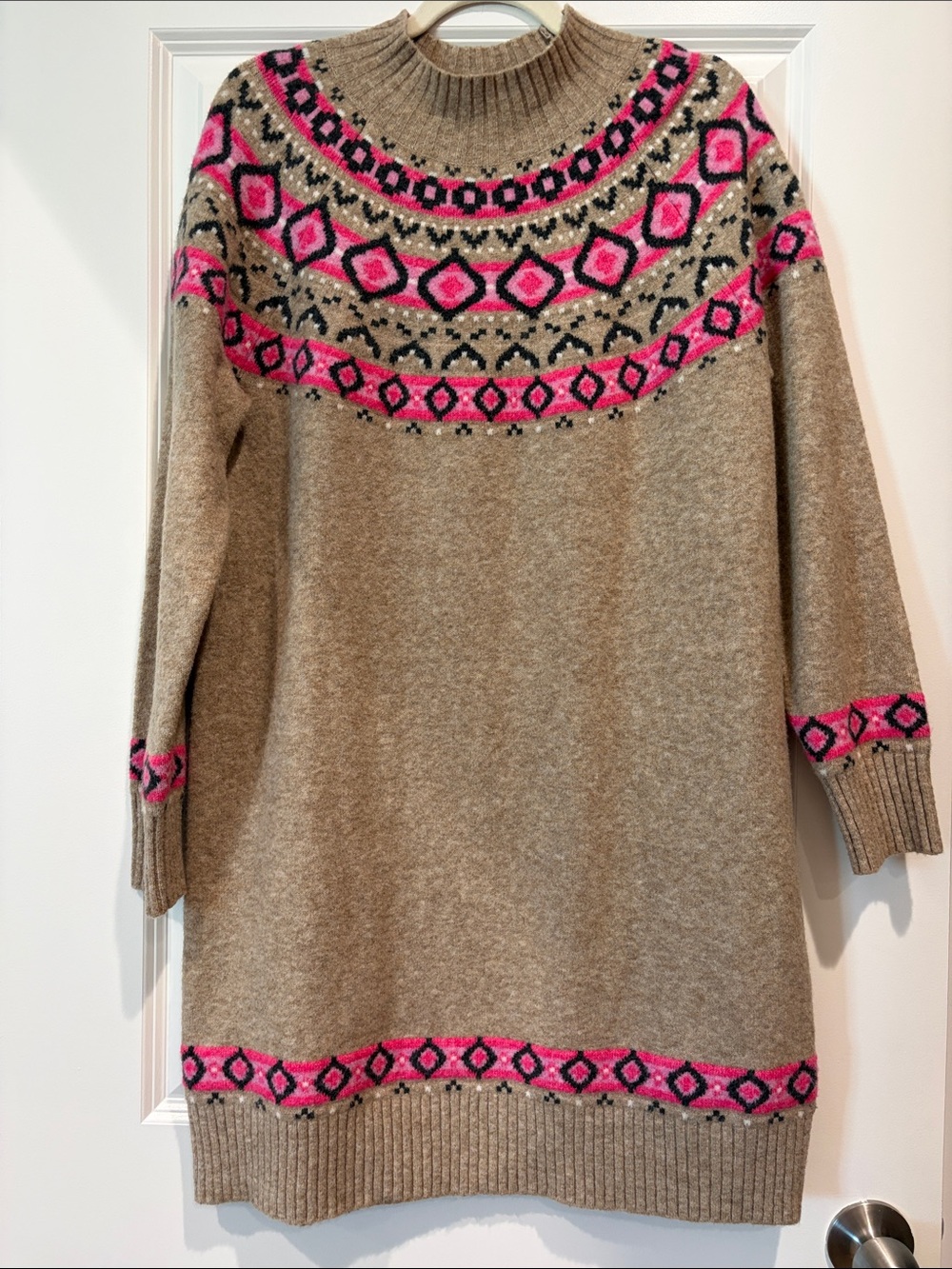 LOFT Beige Midi Sweater Dress with Pink Fair Isle Accents, L
